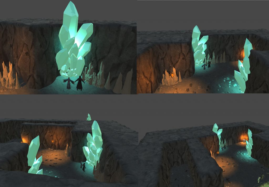 Collage of screenshots from a game showing glowing green crystals