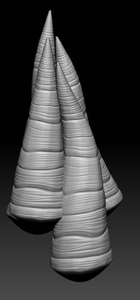 Three sculpted horns in ZBrush fused and twisted together