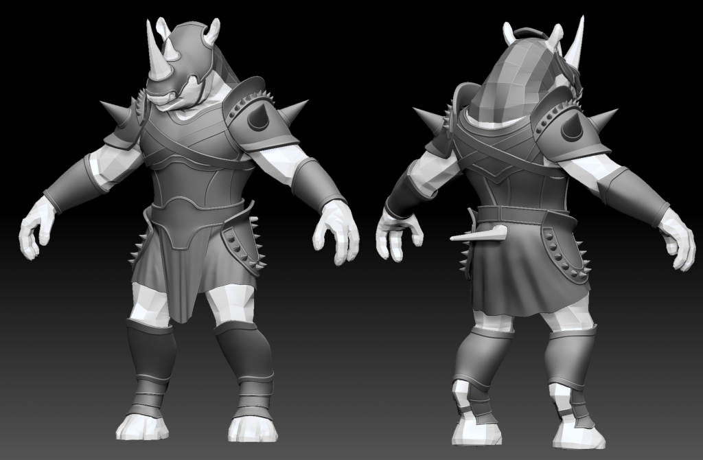 Final sculpt of Rhinogar wearing armour in ZBrush