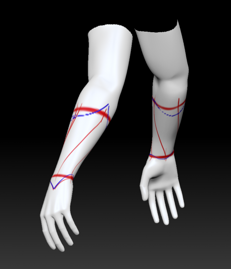 Plan of bracers on a 3D arm in ZBrush