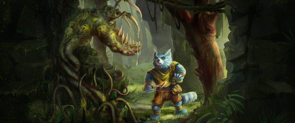 Digital painting of one of our Blue Melmees about to attack a plant monster in the jungle