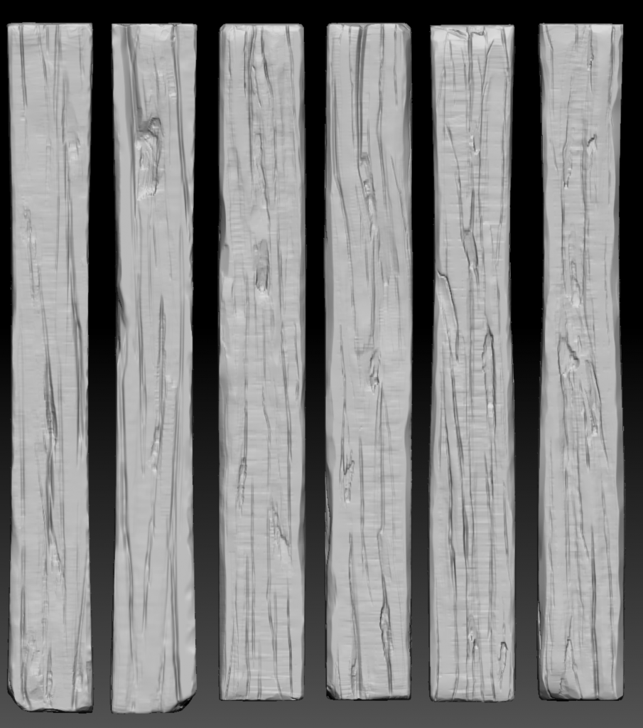 Black and white 3D render of 6 planks of wood