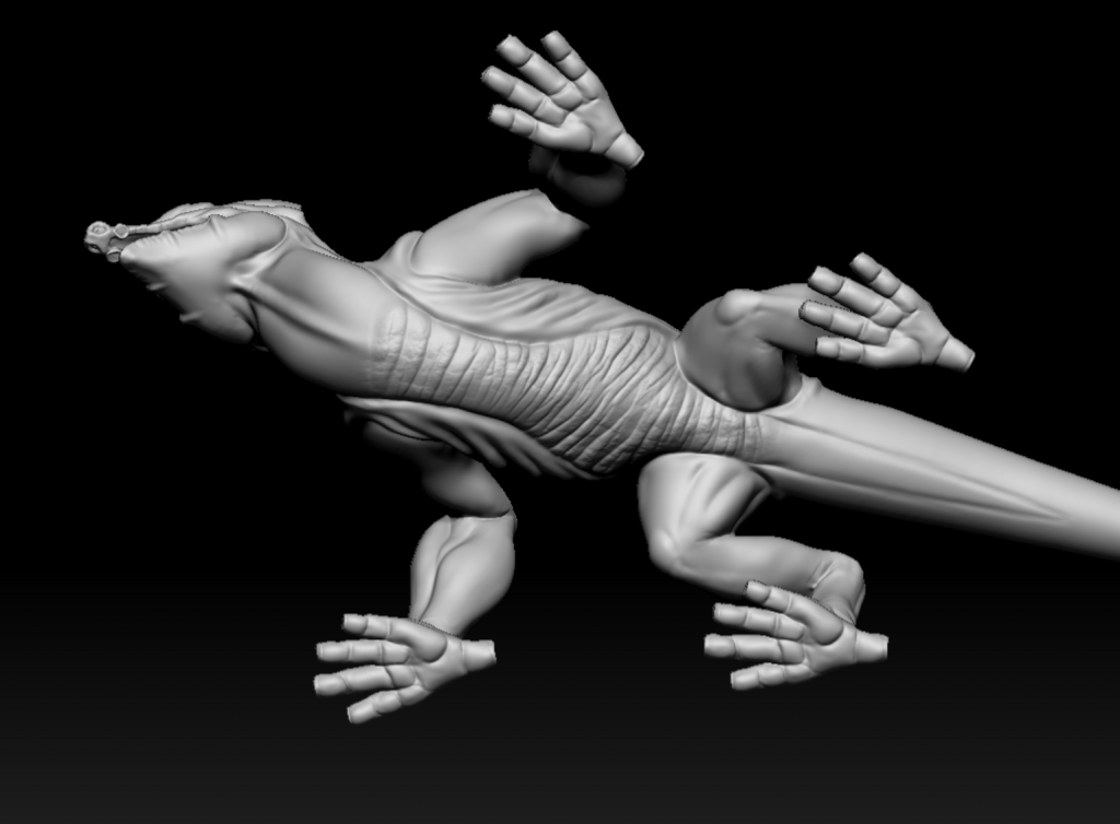 Undershot of lizard base sculpt in ZBrush, showing its underbelly
