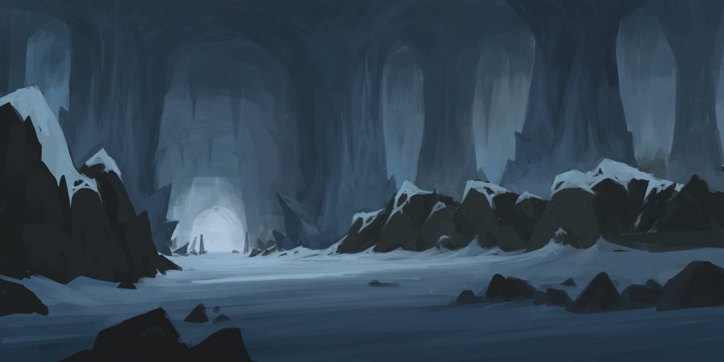 Digital painting of a large ice cave