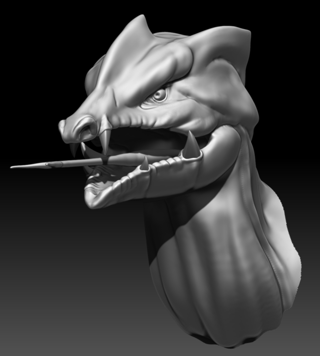 Head of a lizard sculpt in ZBrush with its tongue out