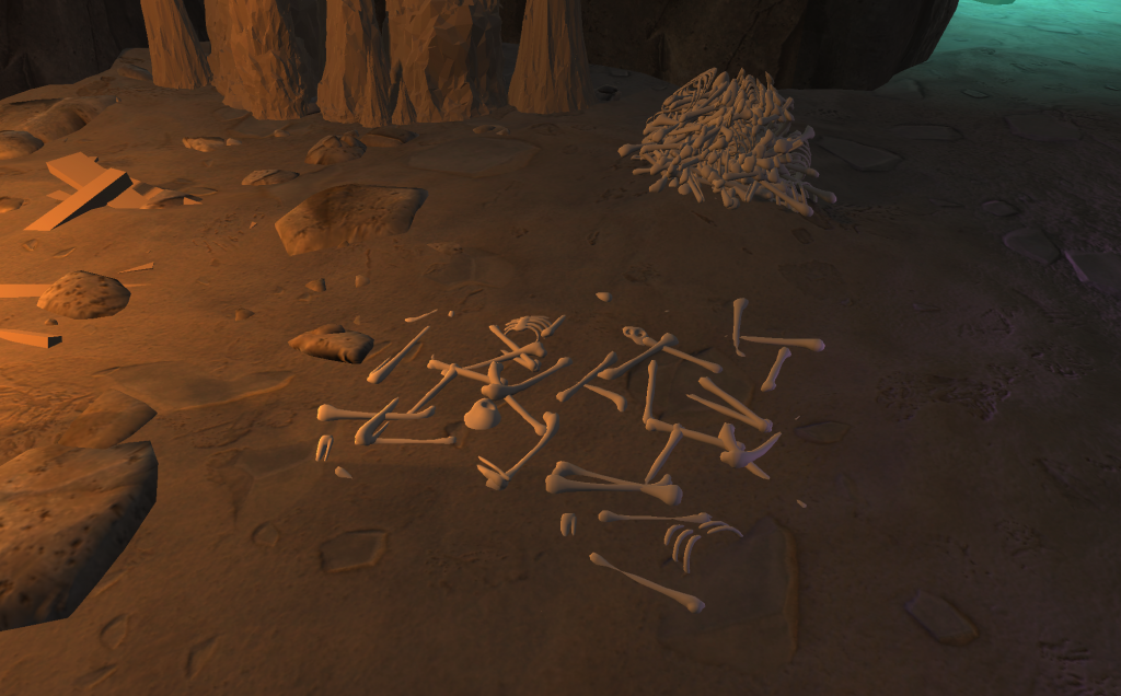 3D render of scattered bones on the ground