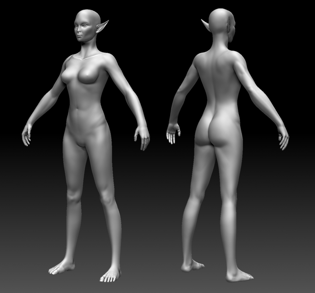 Black and white 3D sculpt of female elf