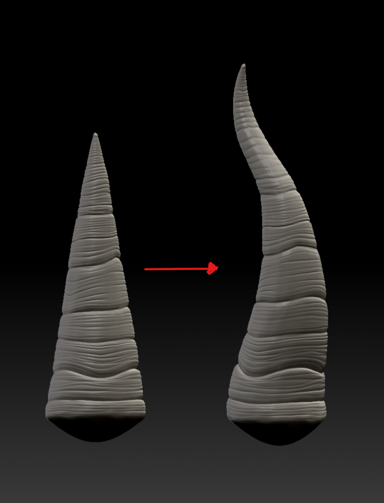 Two sculpts of horns in ZBrush, one straight, the other curved slightly