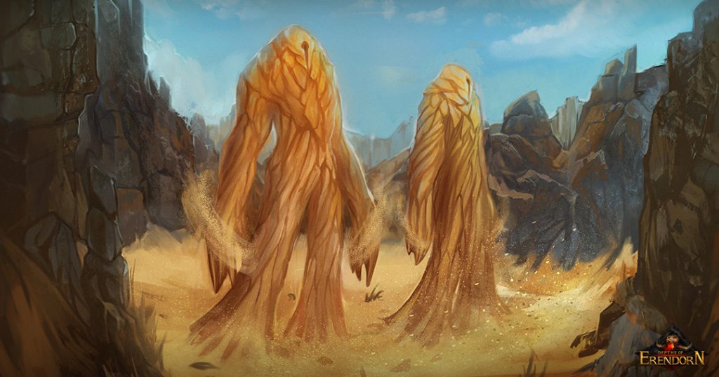 Digital painting of two giant sand creatures in the desert