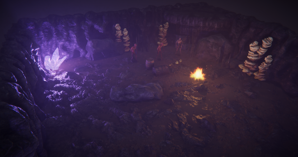 Screenshot from Unity showing a dark cave room with glowing, indigo crystals on one side and a warm campfire glowing from the right
