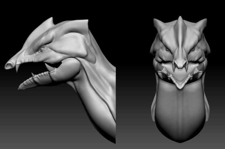 Front and side view of a lizard head sculpt in ZBrush, showing its teeth