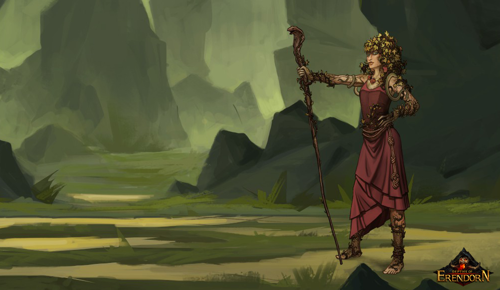 Digital painting of a female Forest Druid standing in the middle of swampy jungle