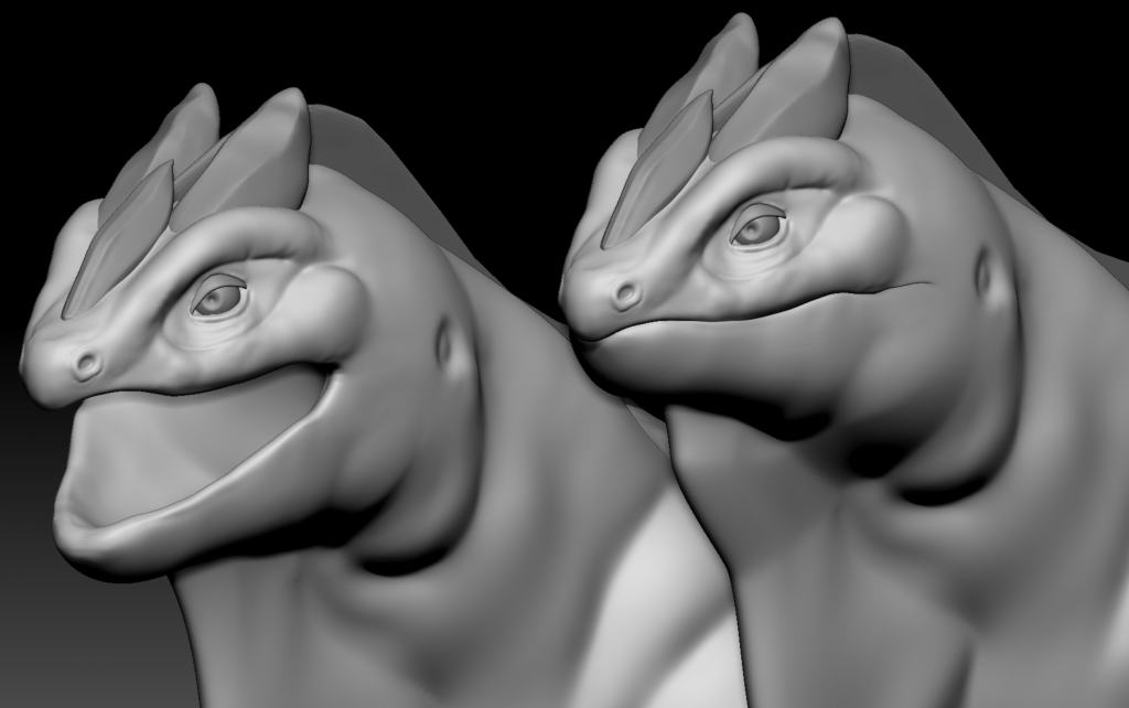 ZBrush sculpt of Silver Iguana's head, one with mouth open, one with mouth closed