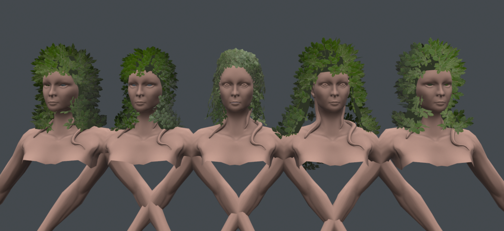 5 Forest Druid models in 3ds Max facing the camera. They all have leafy hair