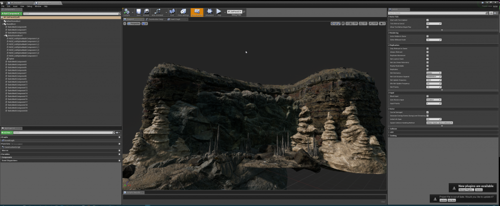 Screenshot from UE4 showing wall set pieces in a cave dungeon