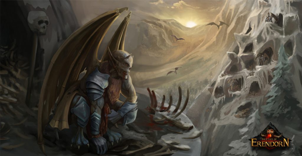 Digital painting of a gargoyle perching on the edge of a mountain with bones all around them