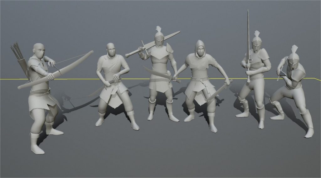 Grey 3D models of human knights and bandits