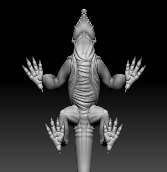 Undershot of lizard base sculpt in ZBrush, showing its underbelly