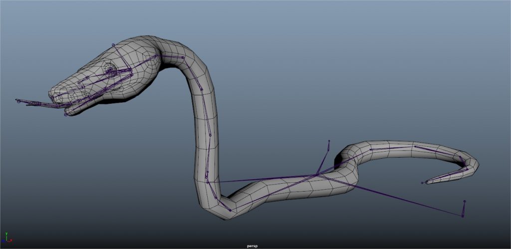 3D model of a snake with its rig showing