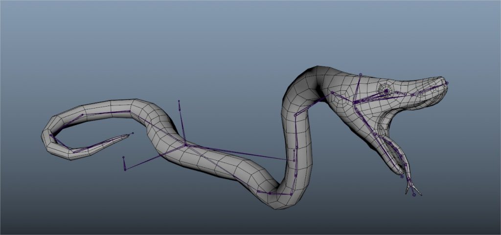 3D model of a snake with its rig showing
