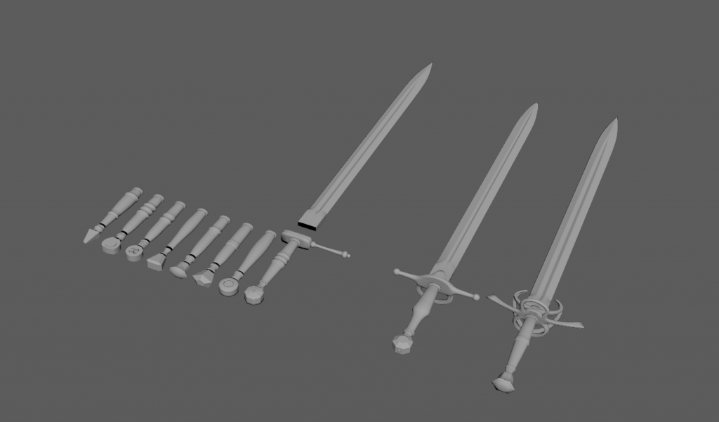 Line up of black and white models of swords with various hilts