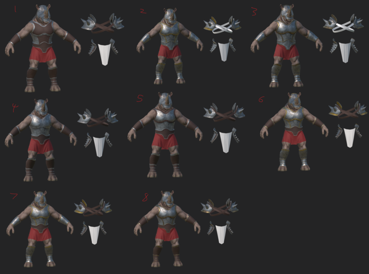 Eight configurations of the Rhinogar armour sets