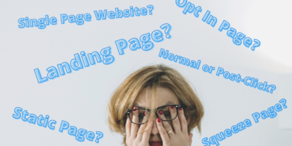 Image of stressed woman surrounded by various names for landing pages