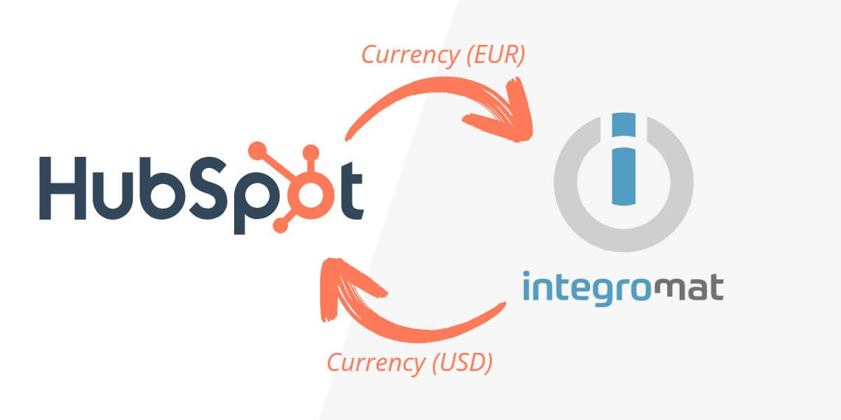 Hubspot Logo with Currency EUR flowing to Make.com (Formerly Integromat) then Currency USD Flowing Back to Hubspot