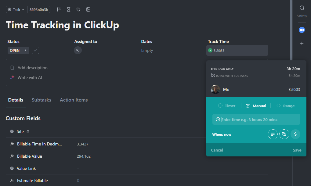 ClickUp is the best App to track time for Billing