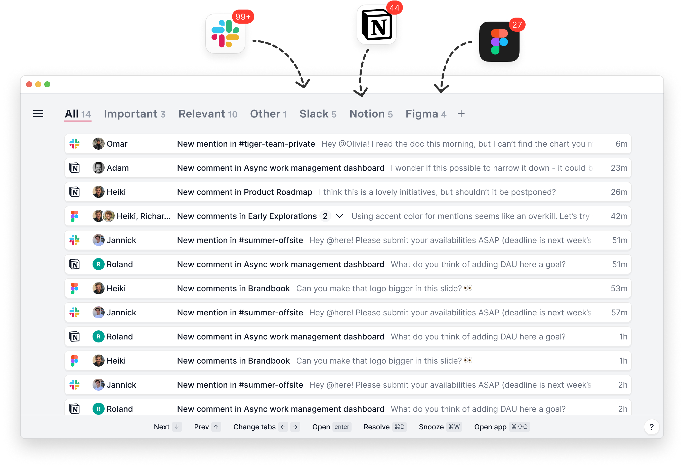 Overview of the app, showing all your work notifications in its main screen.
