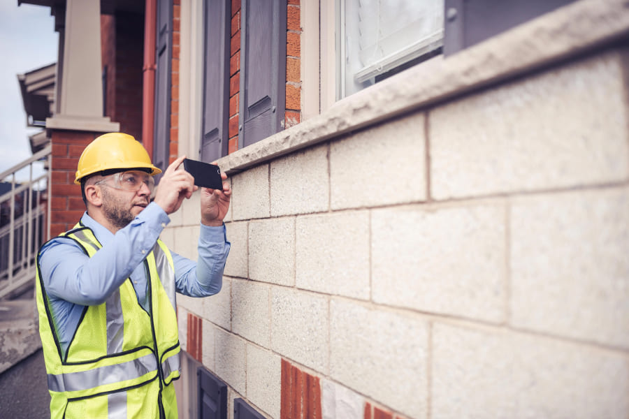 Artisan du bâtiment qui prend des photos d'un mur