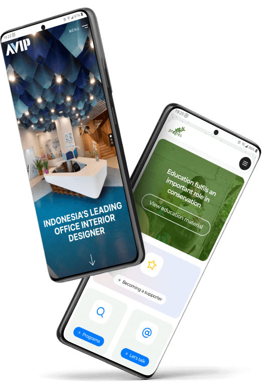 Two smartphones that each display a different website page that was designed by Spano for different clients.