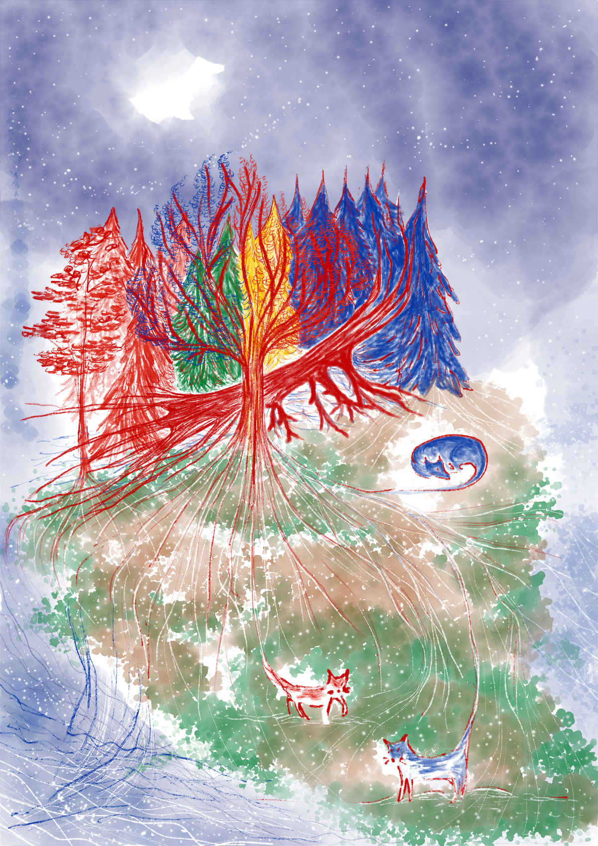 A drawing of a forest in Sápmi