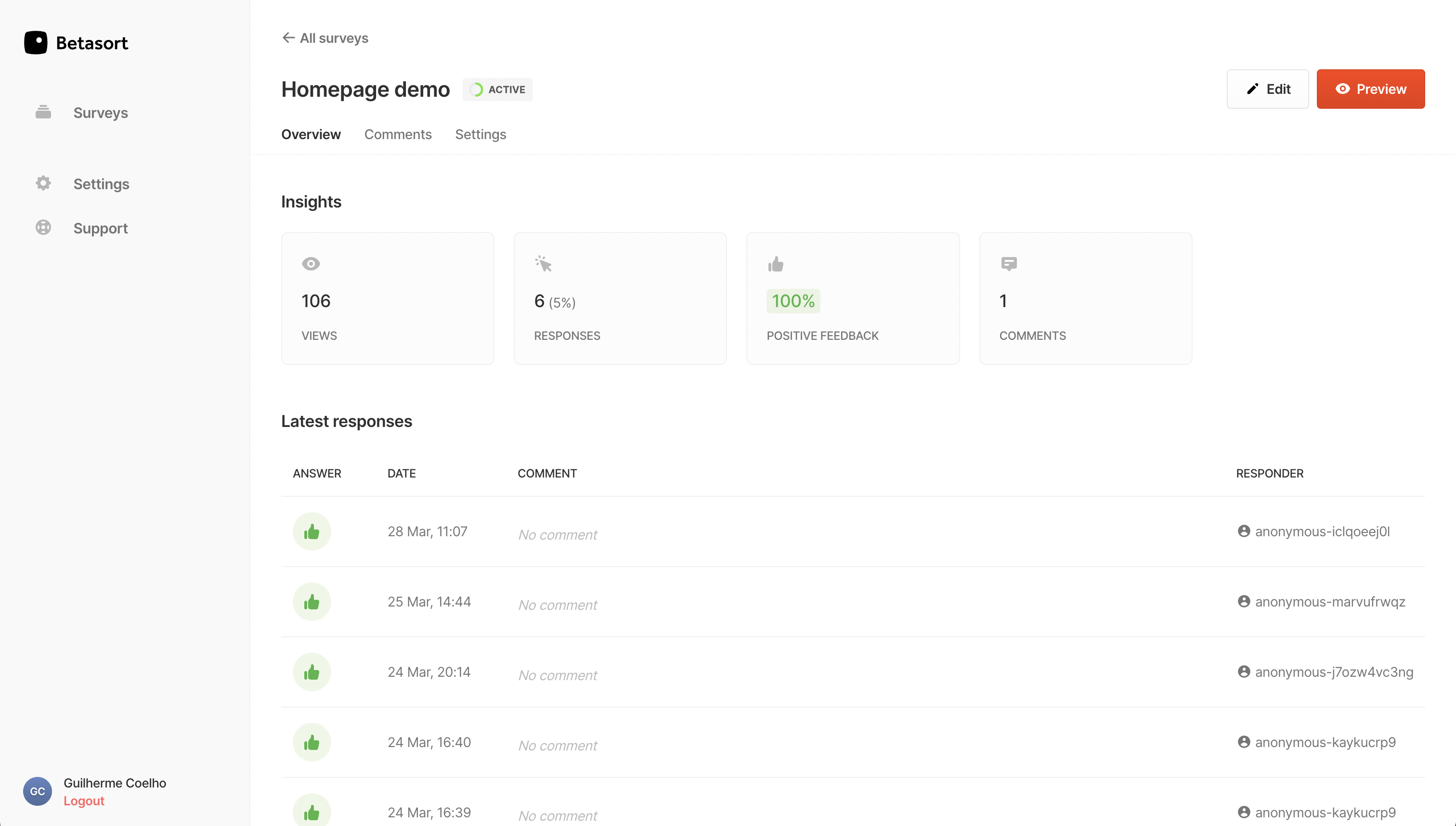 Betasort dashboard