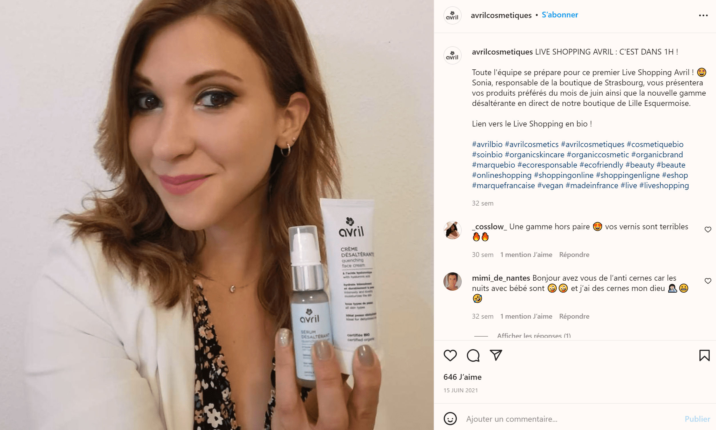 Publication Instagram de la marque Avril Cosmétiques pour annoncer leur Live Shopping