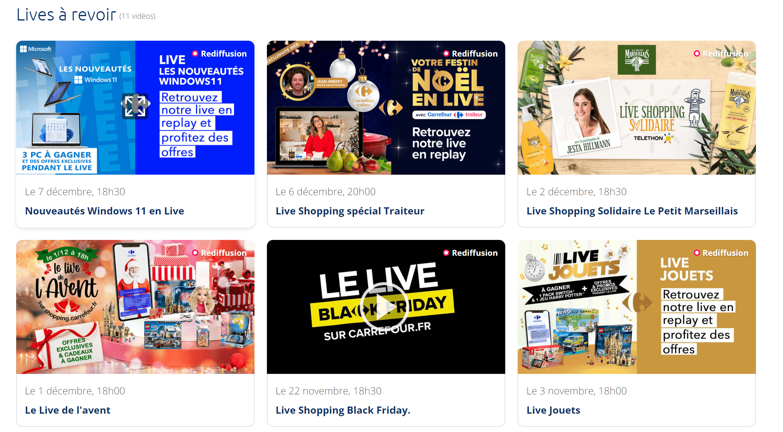 Six vignettes des replay live shopping carrefour