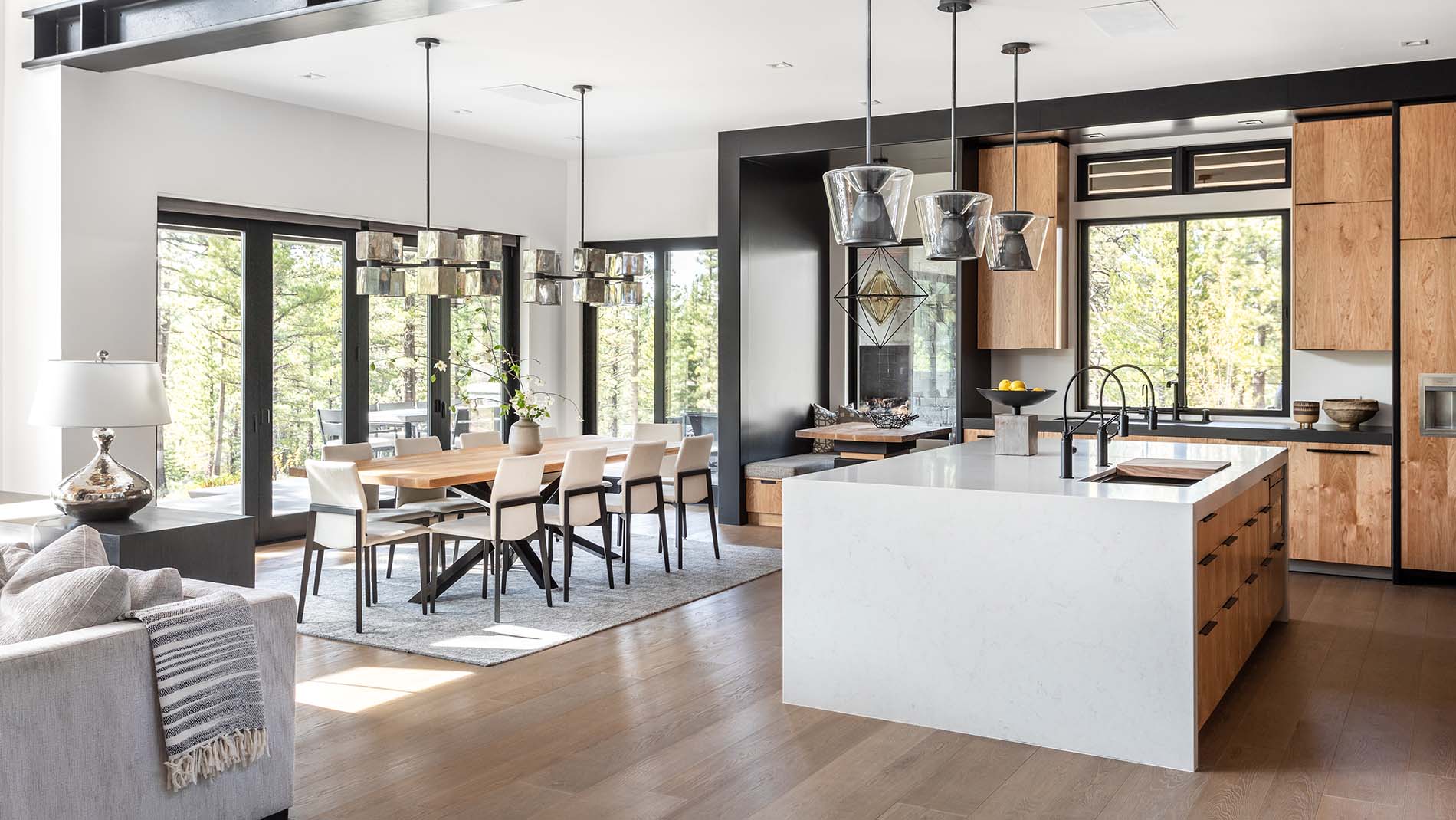 Beautiful dining room with large floor length windows