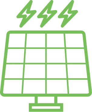 A lined green icon showing a ground solar panel with lightening bolts above it.