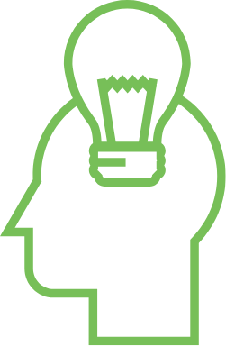 A green lined drawn icon that is the side profile of a human face with a light bulb overlaying the head.