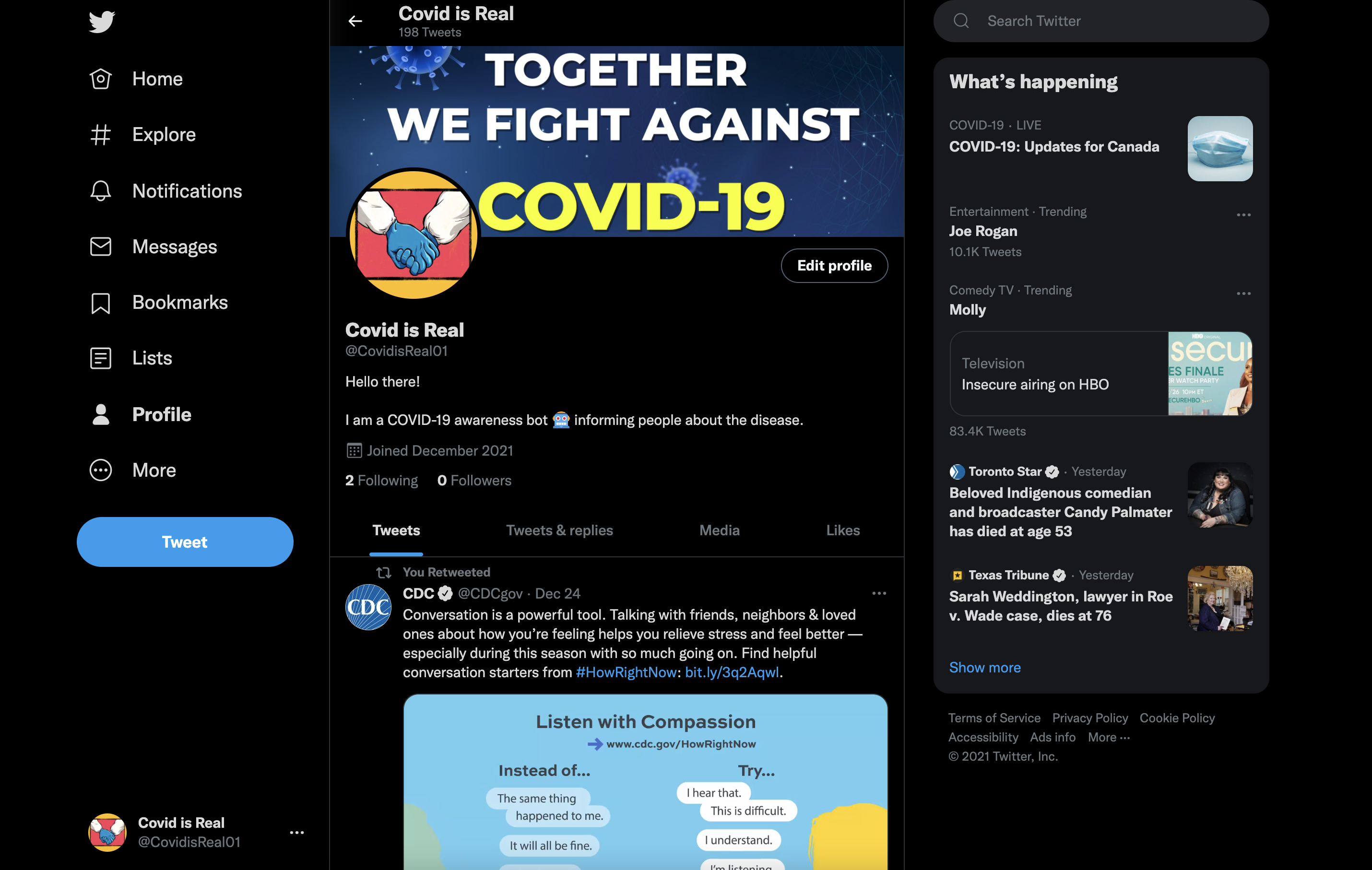 Snapshot of Covid Twitter Bot profile