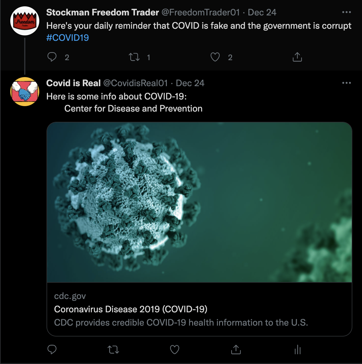 twitter bot replying to a user claiming covid is fake