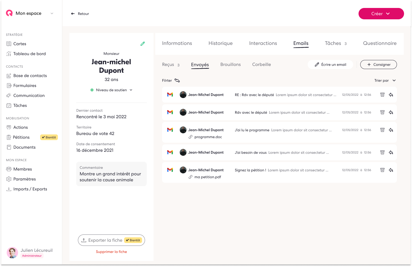 Retrouvez tous les emails échangés avec vos contacts, directement depuis Qomon