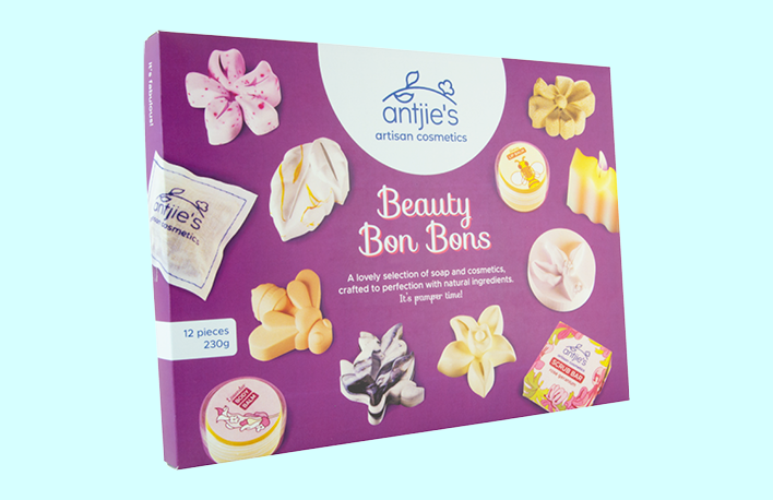 Photo of Antjie's Beauty Bon Bons gift box of soap and cosmetic items. Like a box of chocolates, but rather of soap and cosmetics. 