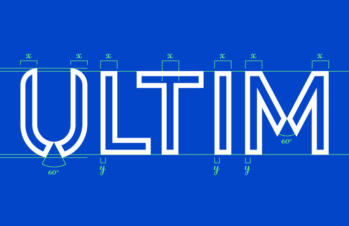 Construction of geometric word mark logo ULTIM. WHite on blue background. 