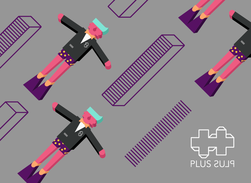 Funky and colourful pattern of business man in swimming shorts and flippers wit geometric logo. 