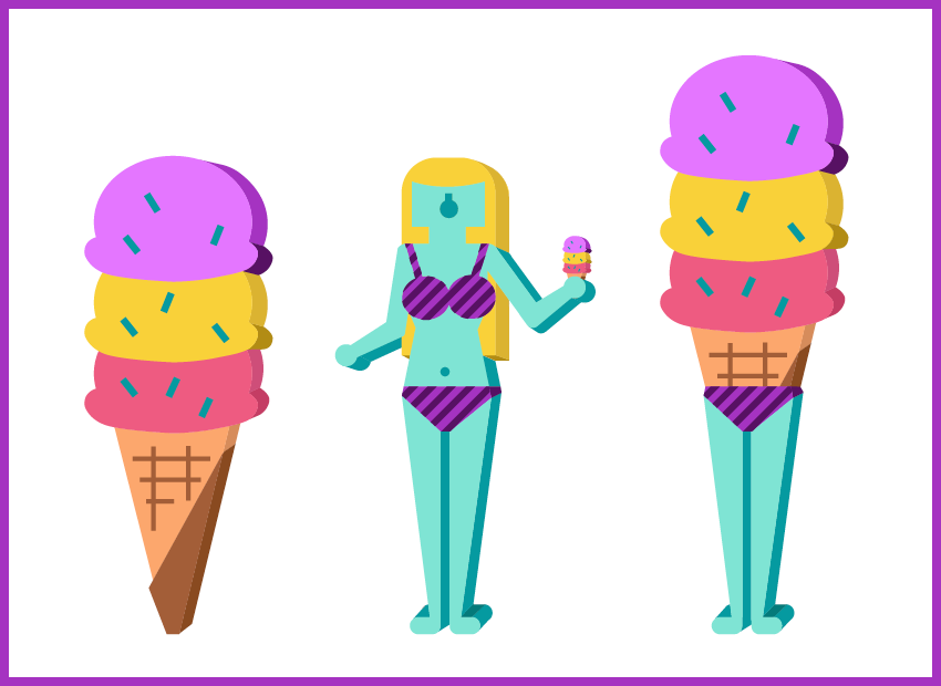 Colourful illustration of a woman transforming into an ice cream. 