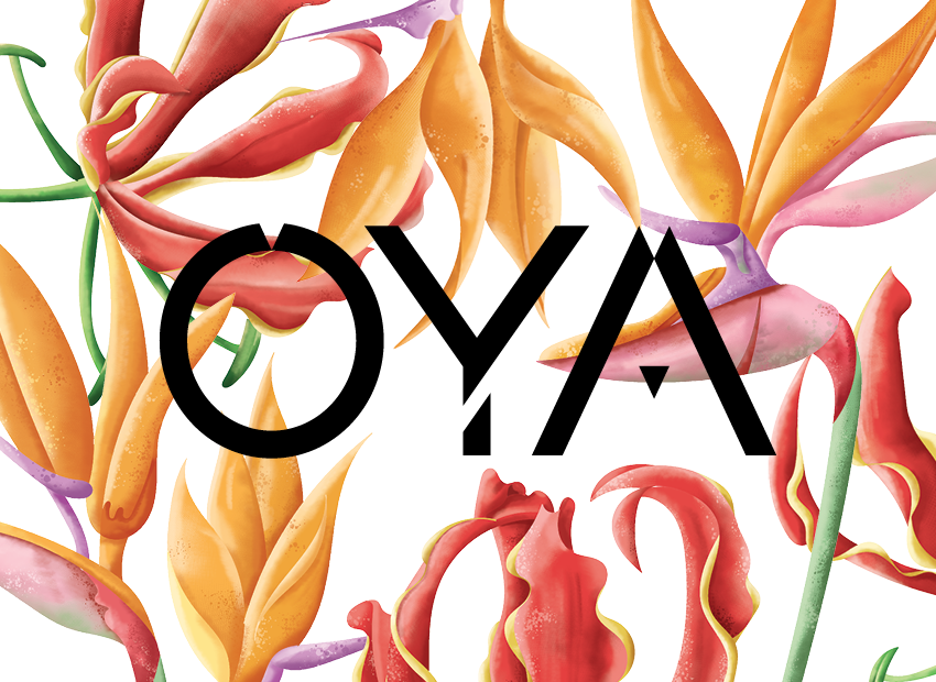 Geometric Oya wordmark logo on colourful African flowers pattern. 