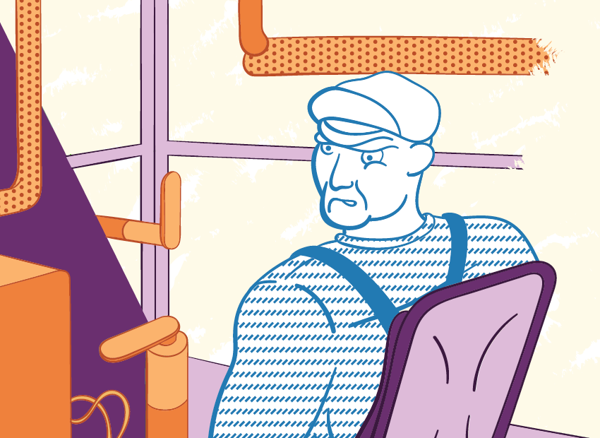 Colourful illustration of a grumpy, curious and muscular old man sitting in a steam train cockpit, frowning and looking over his shoulder.