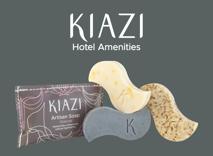 KIAZI Hotel Amenities logo on grey background with stylish hotel soap bars in flowing shapes. 