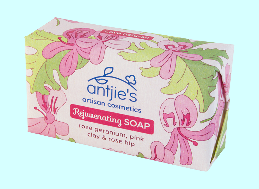 Beautiful, pink soap bar wrapper for natural soap company Antjie's. Created by a graphic designer.